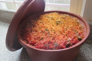 A steaming MEC pot of biriyani