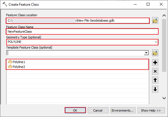 La ventana Crear clase de entidad que muestra los parámetros Ubicación de clase de entidad, Nombre de clase de entidad, Tipo de geometría y Dataset de plantilla.