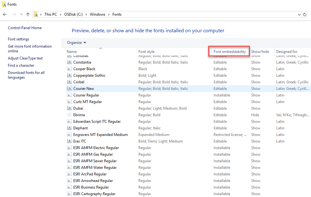 The Font embeddability field in the Fonts directory in Windows