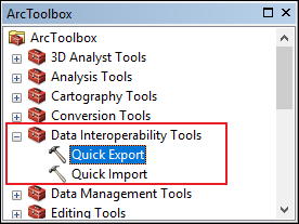 显示“快速导出”工具的 ArcToolbox。