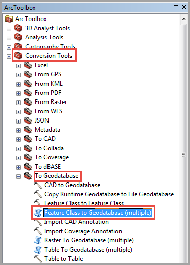 O painel ArcToolbox mostrando a localização das ferramentas de conversão, para geodatabase e a ferramenta Classe de Feição para Geodatabase (múltiplo)