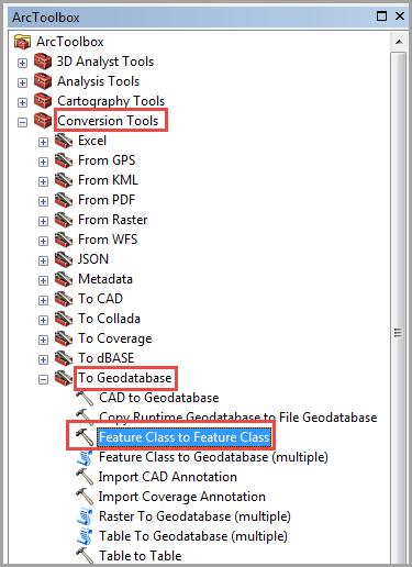 O painel ArcToolbox mostrando a localização das ferramentas de conversão, para geodatabase e a ferramenta Classe de Feição para Classe de Feição