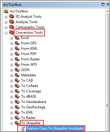 ArcToolbox 窗格显示了“转换工具”，“到 Shapefile”和“要素类至 Shapefile（批量）”工具的位置