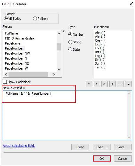 The Field Calculator window displaying the expression to concatenate the street name and page number fields.