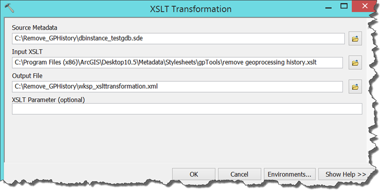 A janela da ferramenta Transformação XSLT com os parâmetros apropriados preenchidos.