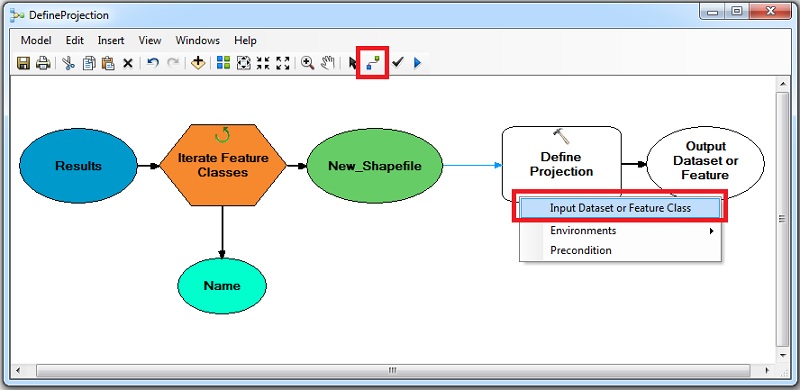 La ventana del modelo muestra la herramienta Definir proyección del modelo y la opción Dataset o clase de entidad de entrada para la herramienta Definir proyección.