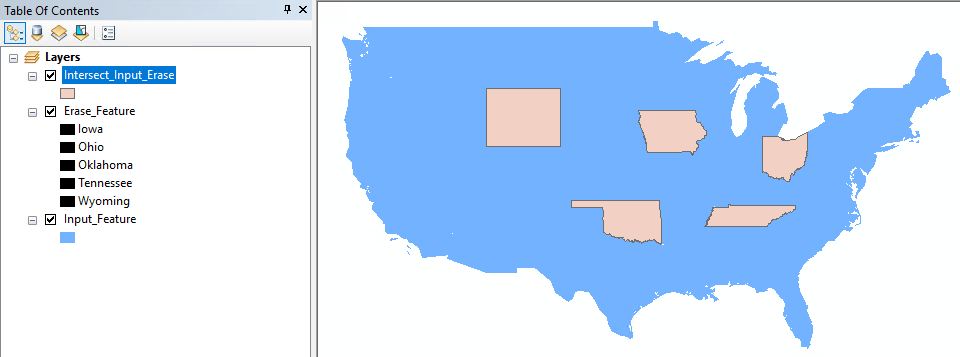 The Intersect_Input_Erase feature layer, and other related feature layers on the map