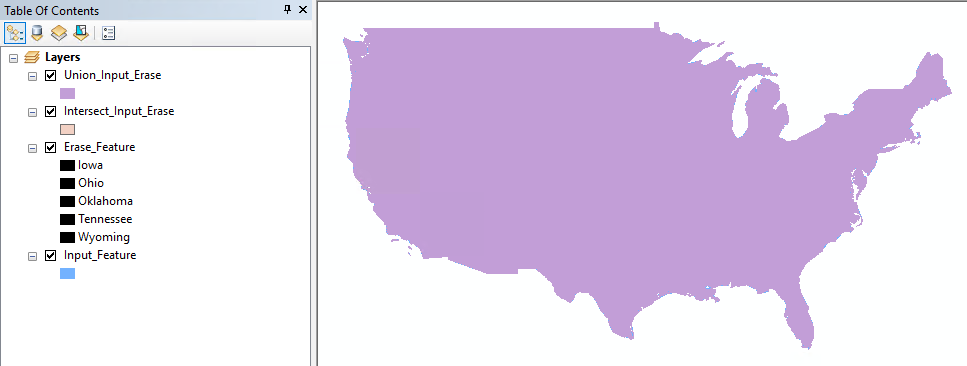 The Union_Input_Erase feature layer, and other related feature layers on the map