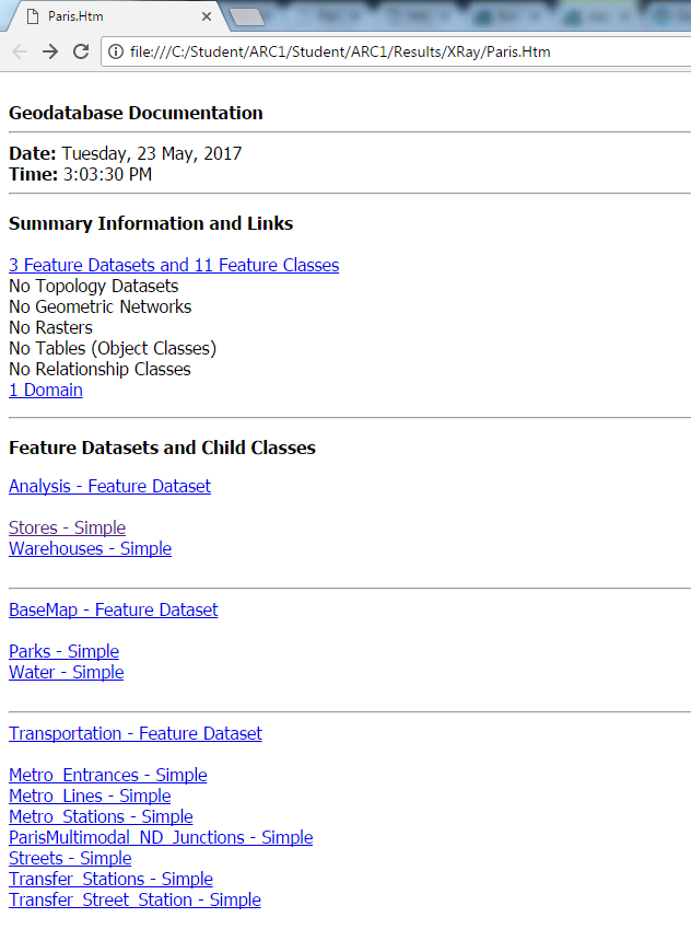 Geodatabase documentation is opened in a web browser such as Google Chrome.