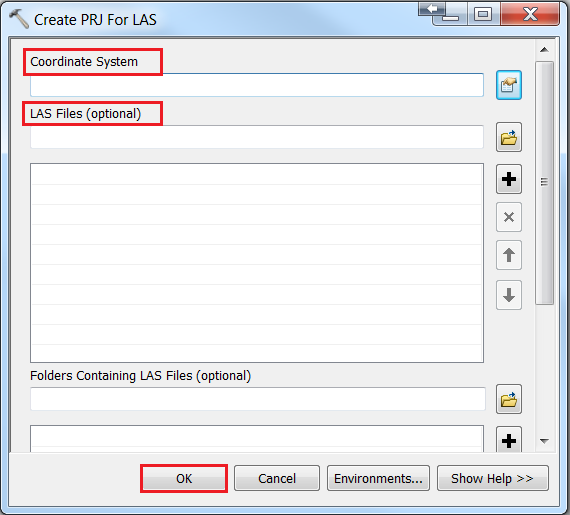 An image of the Create PRJ For LAS tool dialog box.