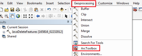 An image of the Geoprocessing menu in ArcMap main menu.