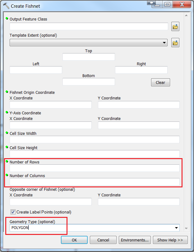 The image of the Create Fishnet tool dialog box.
