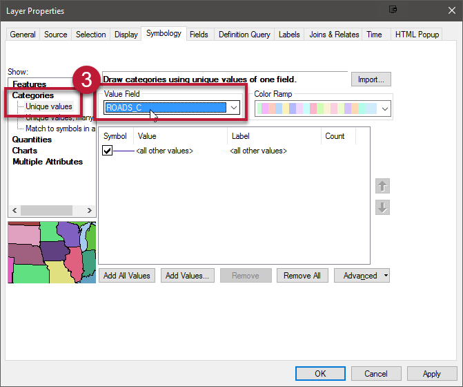 3. Click Categories > Unique values and choose your desired Value Field.