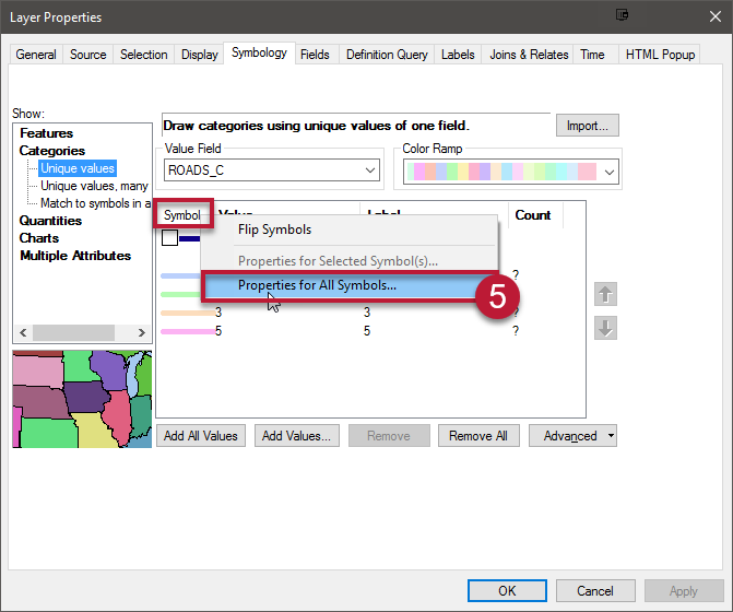 5. Click Symbol at the top left of the values list > Properties for All Symbols.