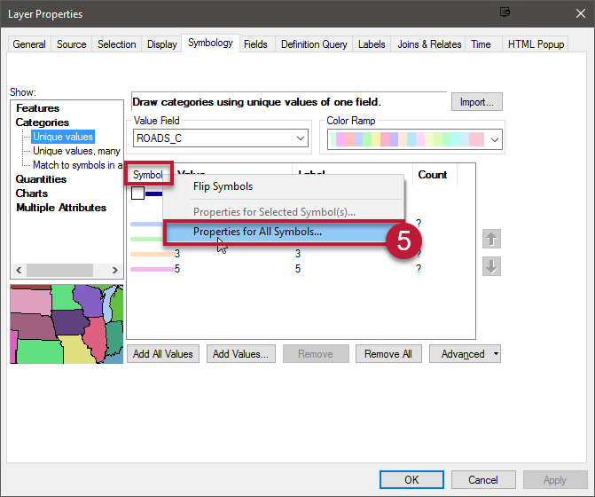 5. Click Symbol at the top left of the values list &gt; Properties for All Symbols.