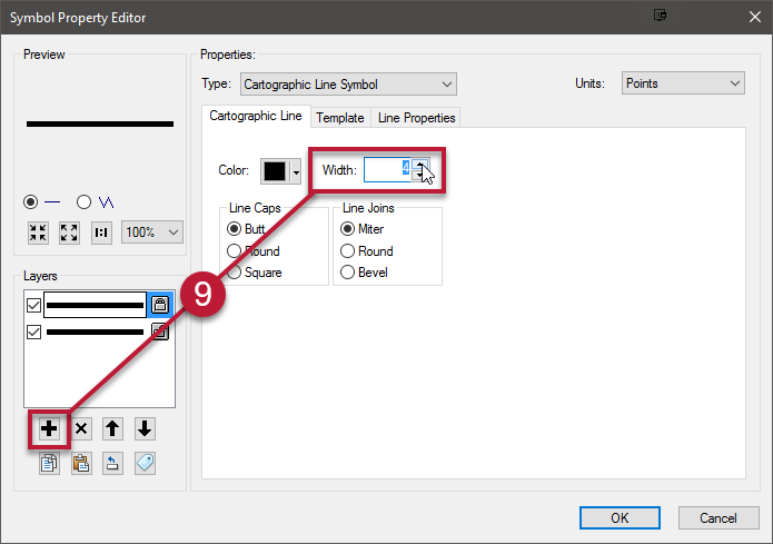 9. On the left-hand side, click + to add a new layer and increase the width to match the other line.