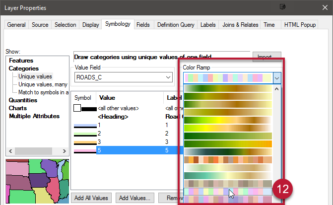 12. Apply unique colors to the lines by clicking the Color Ramp drop-down above the top right of the value table. Choose a ramp with separated color blocks with a variety of colors.