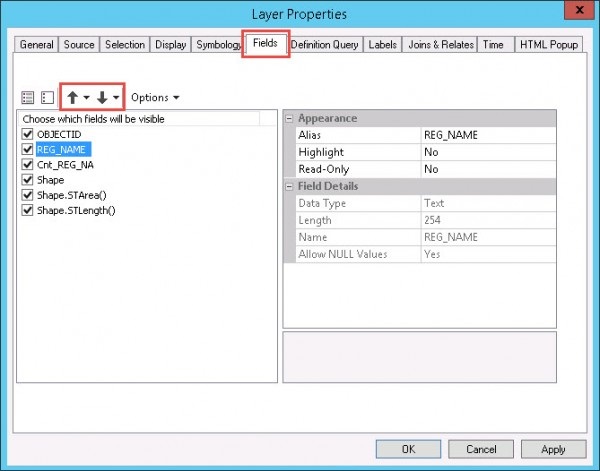 Arrange the fields in the Layer Properties dialog