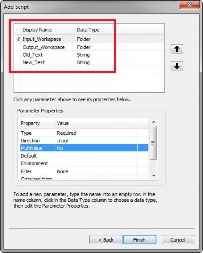 The parameters of the tool