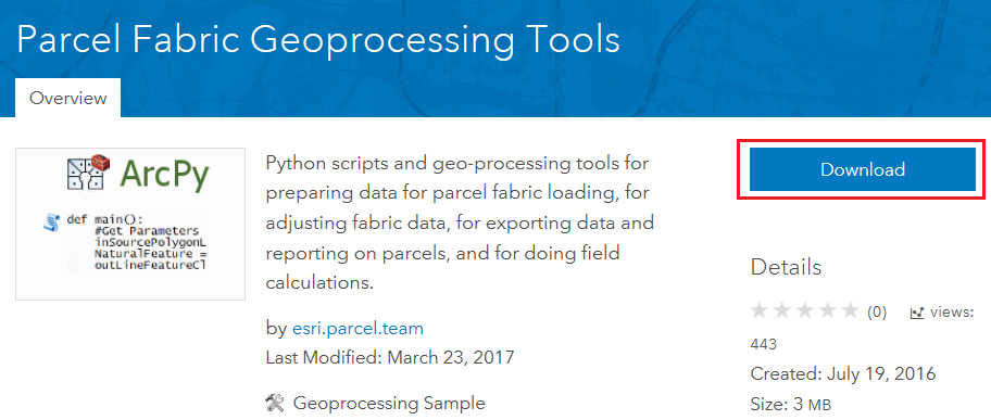 An image of the Parcel Fabric Geoprocessing Tools download page.