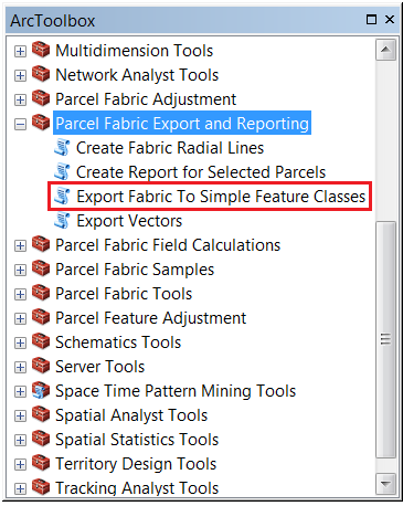 An image showing the Export Fabric To Simple Feature Classes tool in the ArcToolbox.