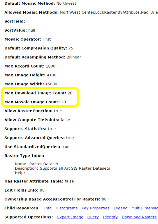影像服务 REST 页面显示了“最大下载图像计数”和“最大镶嵌图像计数”属性。