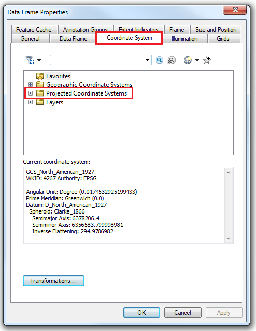 An image of the Data Frame Properties dialog box. The Projected Coordinate Systems folder is selected to view the list of the projected coordinate systems available.