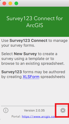 A view of the Survey123 Connect for ArcGIS app, with the Settings button highlighted.