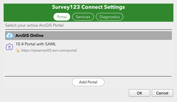 A view of the Survey123 Connect Settings window, having clicked Portal, with ArcGIS Online highlighted.