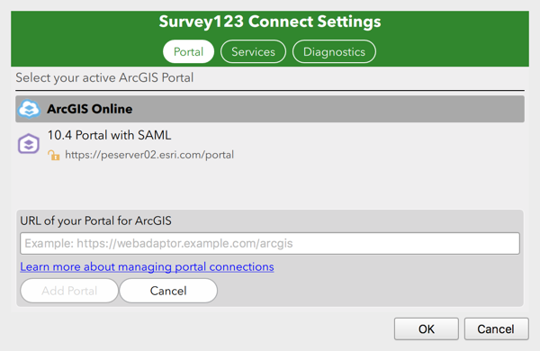 A view of the Survey123 Connect Settings window, with ArcGIS Online highlighted, and the URL of your Portal for ArcGIS available for editing.