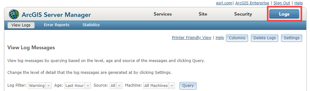 Access location for Server logs in ArcGIS Server Manager