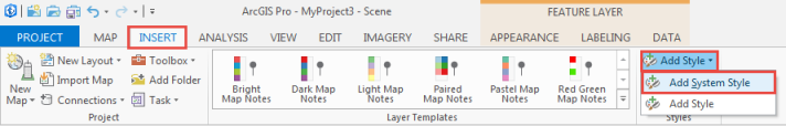 The picture shows the Insert tab, Add Style drop-down arrow and Add System Style