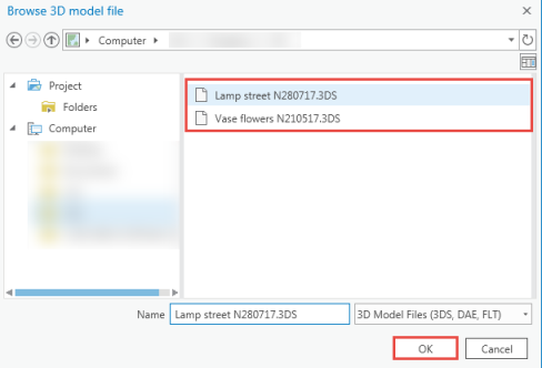 The picture shows the Browse 3D model file dialog box and the OK option