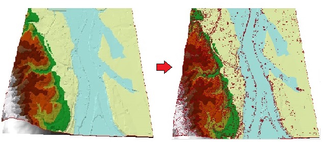 Images of the TIN surface before and after running the TIN Node tool.