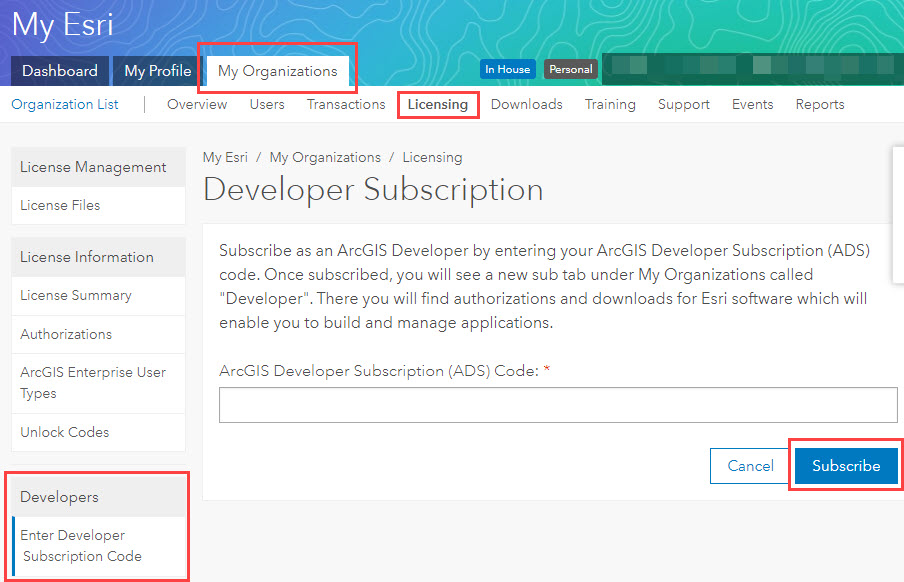 Haga clic en Suscribirse en la página Suscripción a Developer para procesar la suscripción ArcGIS Developer Subscription.