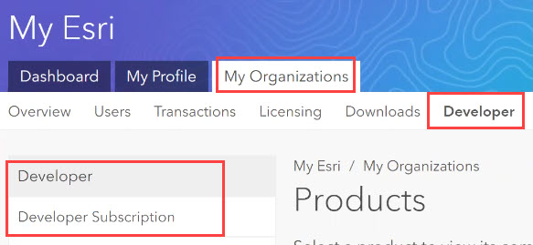 Haga clic en Suscripción a Developer en la pestaña Desarrollador para iniciar el proceso de activación de ArcGIS Developer Subscription.