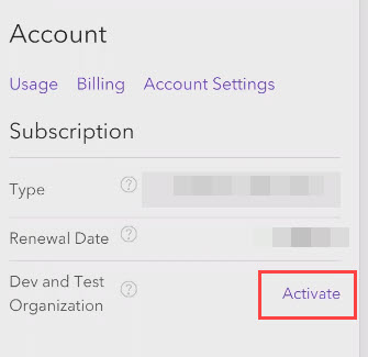 Haga clic en Activar en Cuenta para activar la organización Dev y Test de ArcGIS Online.