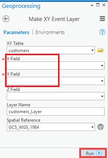 An image of running the Make XY Event Layer tool.