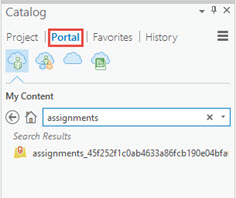 An image of searching and locating the assignment layer in the Catalog pane.