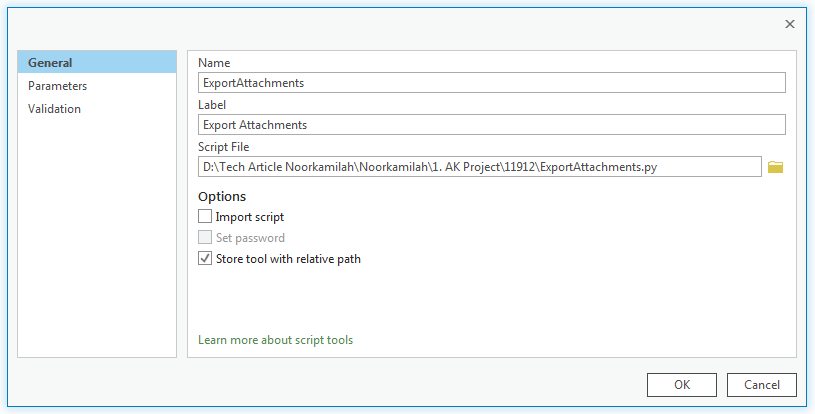 An image of the General section of the script tool property page.