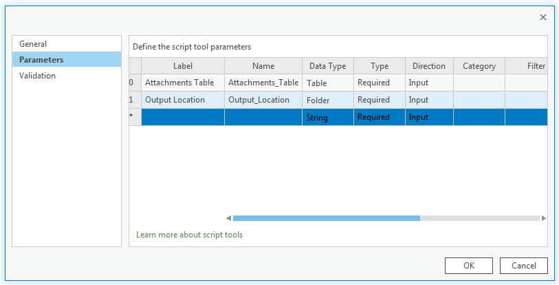 An image of the Parameters section of the script tool property page.