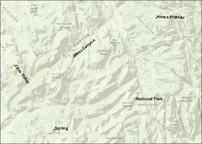 An image of point features labeled with ArcGIS Pro annotations.