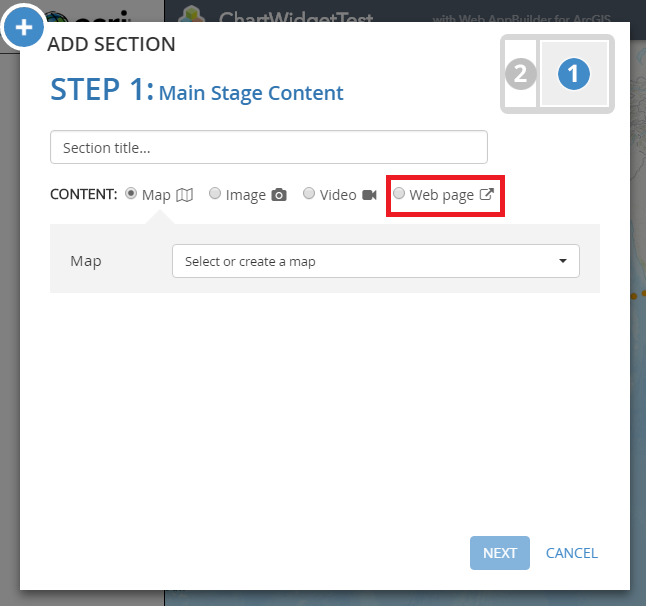 Screenshot of the Add Section dialog window with Web page highlighted.