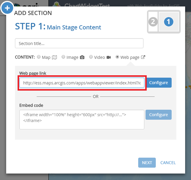 Screenshot of adding the web app URL with the Web page link highlighted.