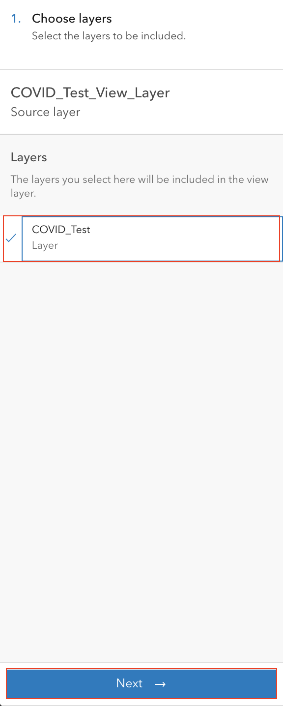 The Choose layers window displaying the view layer.