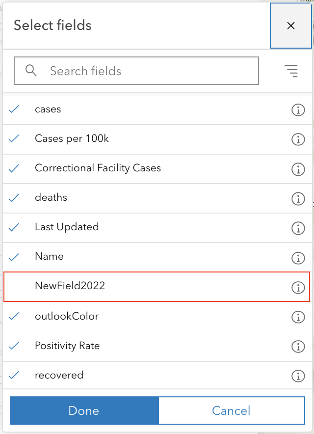 The Select fields window displaying the field to be added to the view layer.
