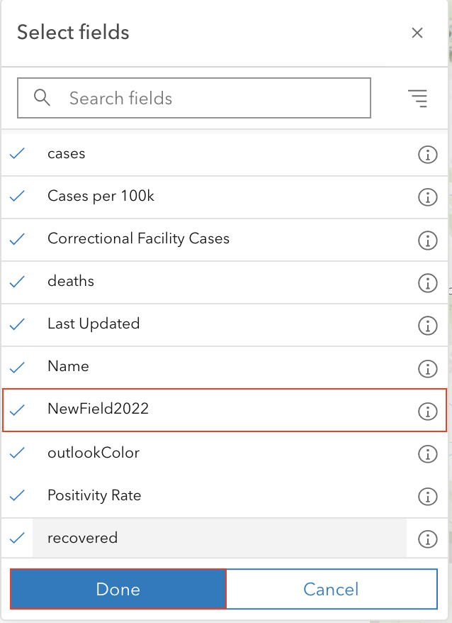 The Select fields window displaying the field to be added to the view layer.