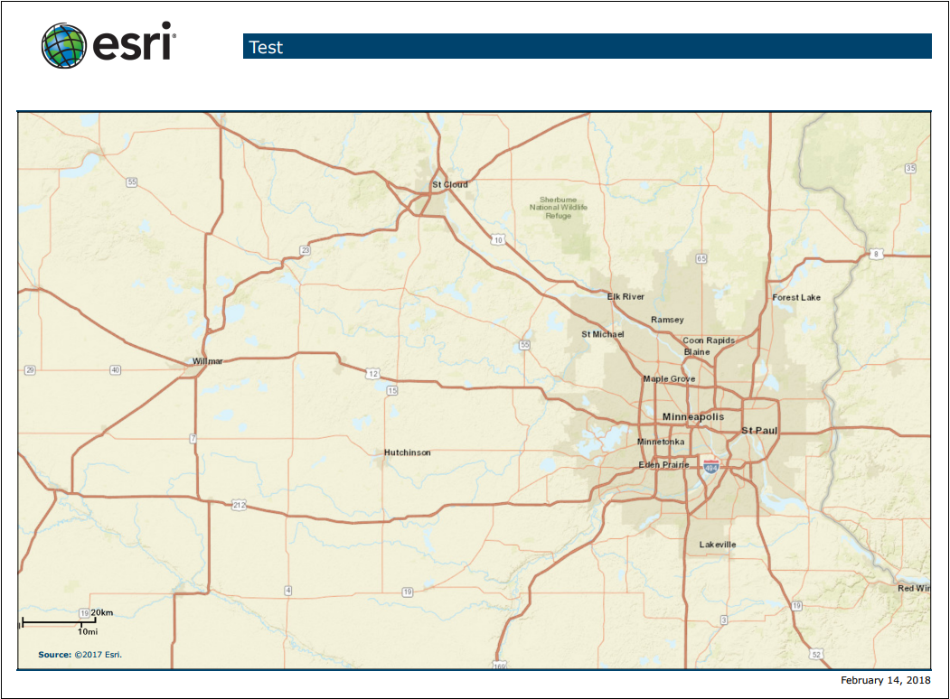 An example of the exported PDF containing the map within the set default extent.