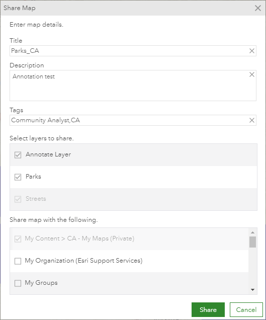 The Share Map dialog.