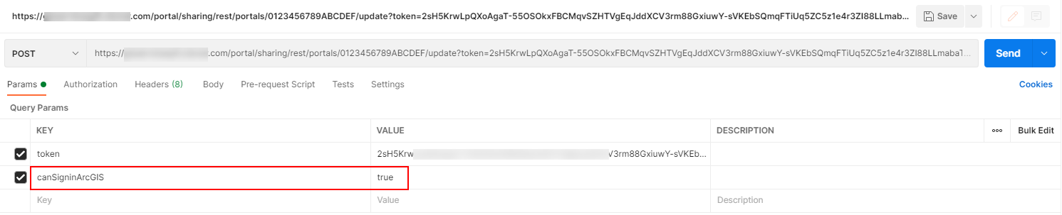 Interfaz de generación de token de Postman con la clave canSigninArcgis con el valor establecido en true